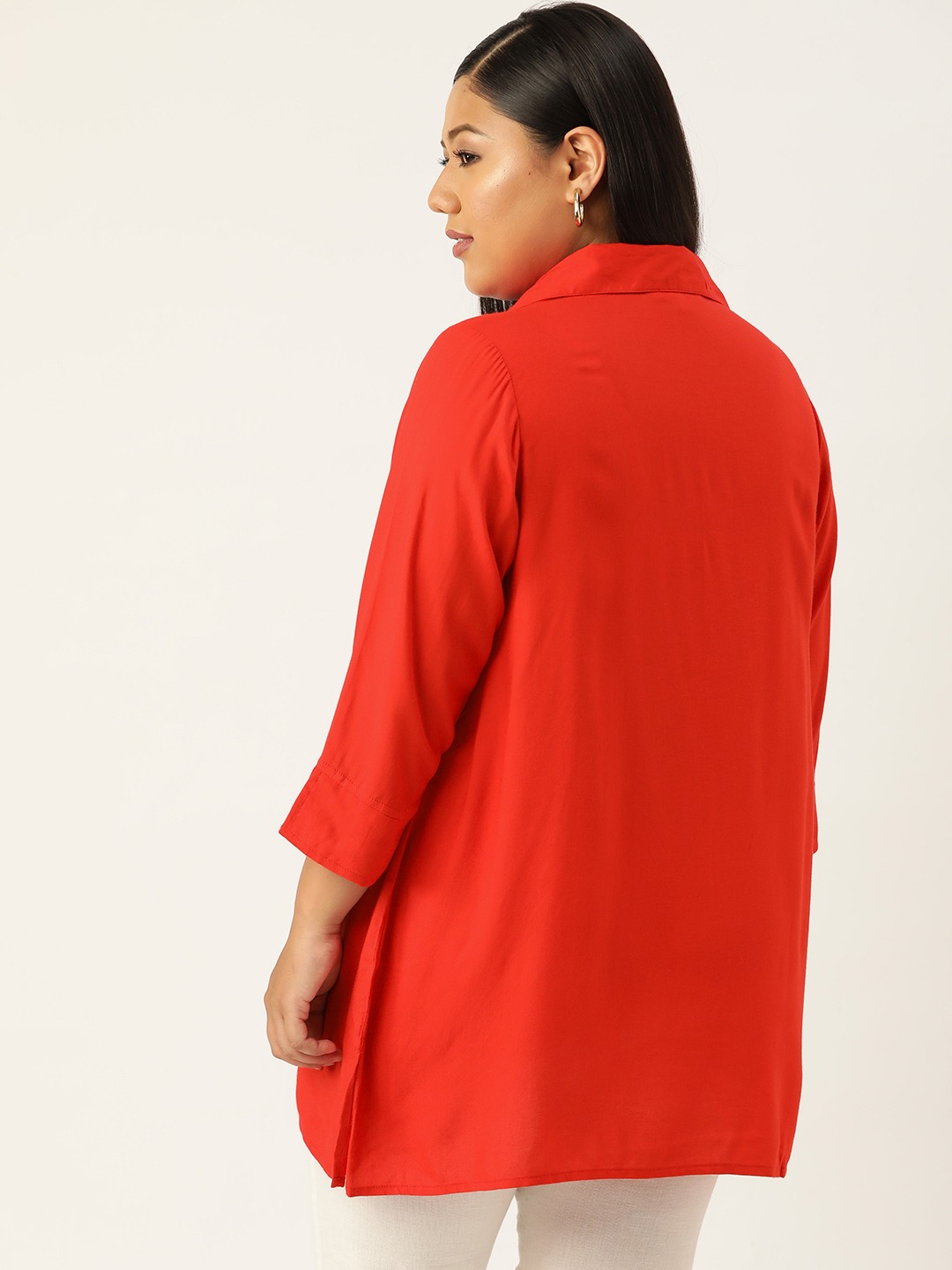 Women's Plus SizeRed Solid Color Shirt Collar Tunic