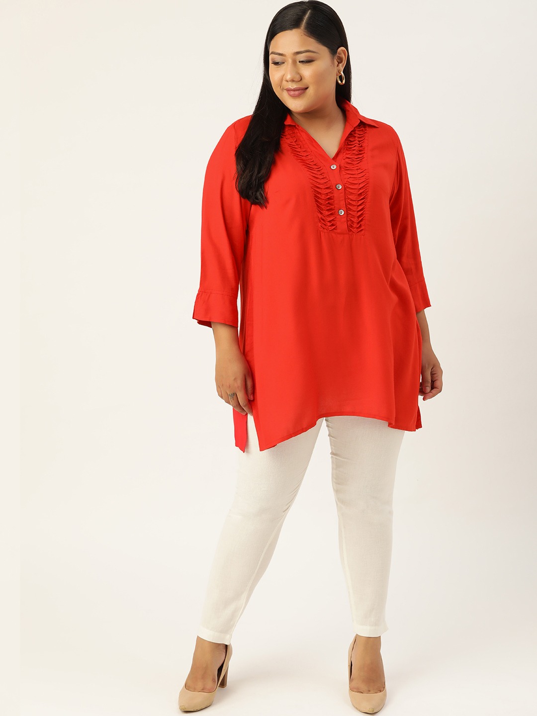 Women's Plus SizeRed Solid Color Shirt Collar Tunic