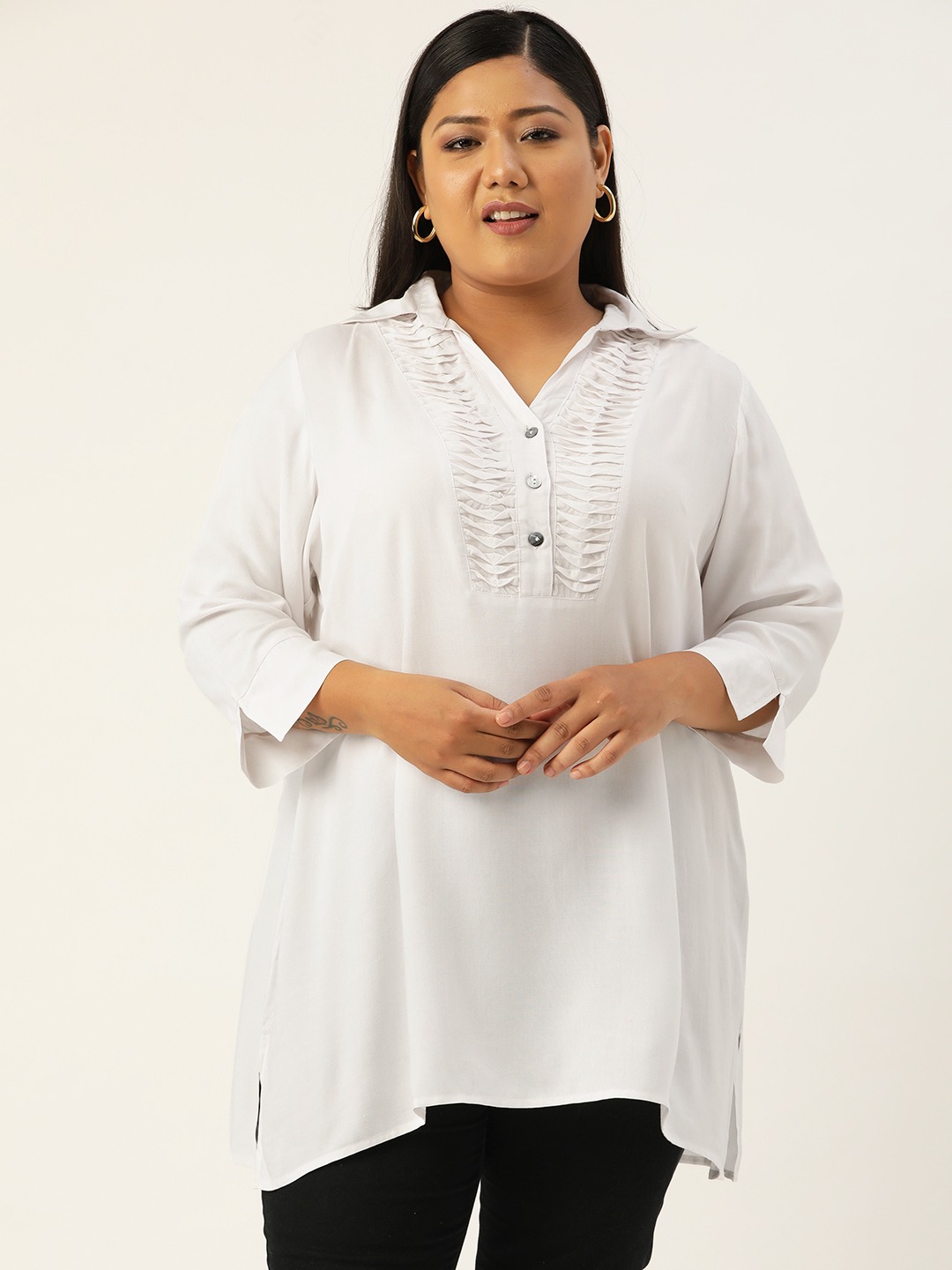 Women's Plus SizeWhite Solid Color Shirt Collar Tunic