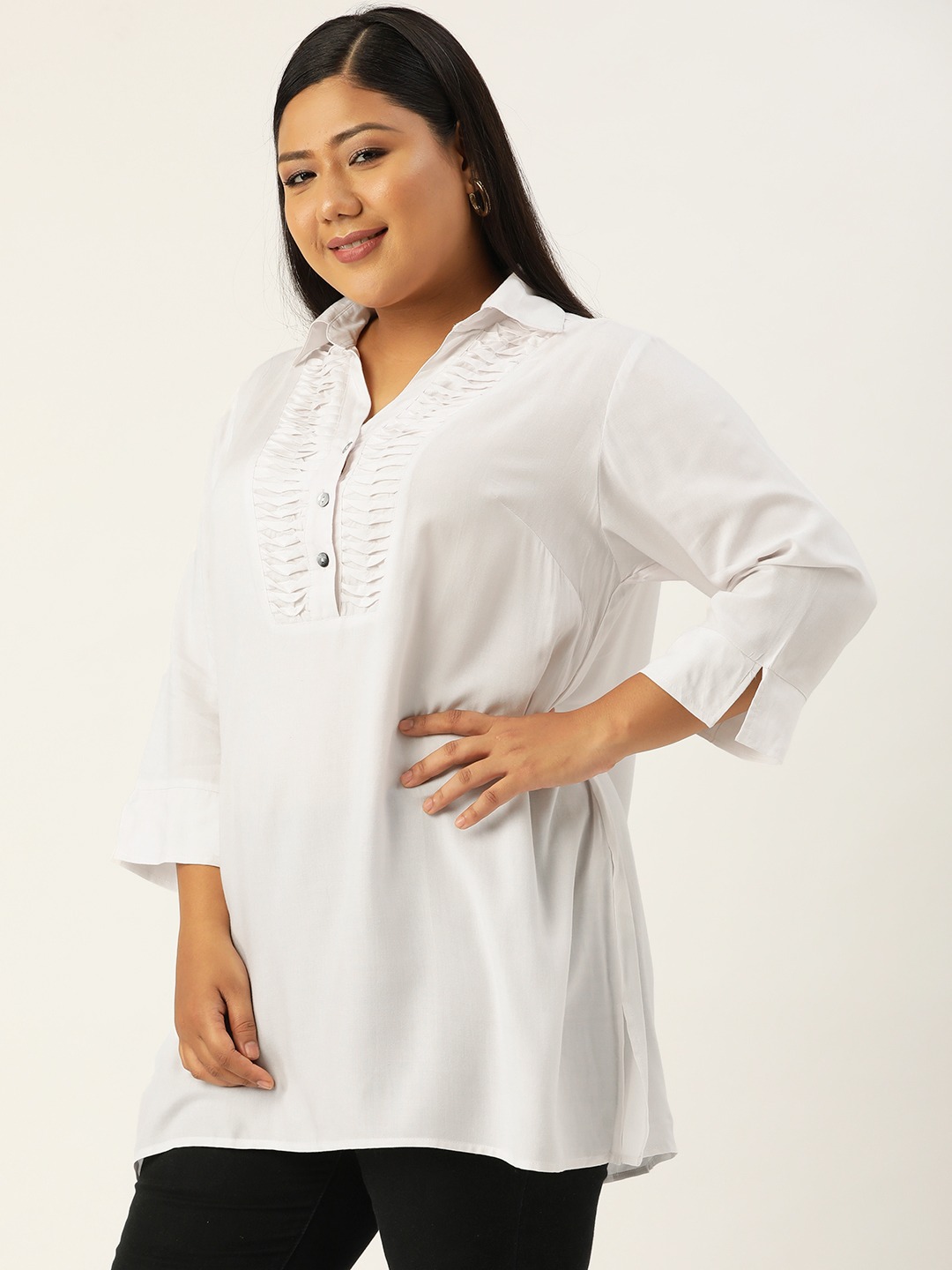 Women's Plus SizeWhite Solid Color Shirt Collar Tunic