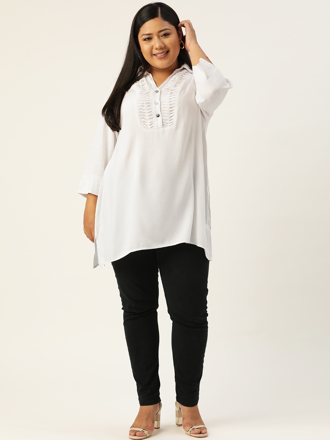 Women's Plus SizeWhite Solid Color Shirt Collar Tunic