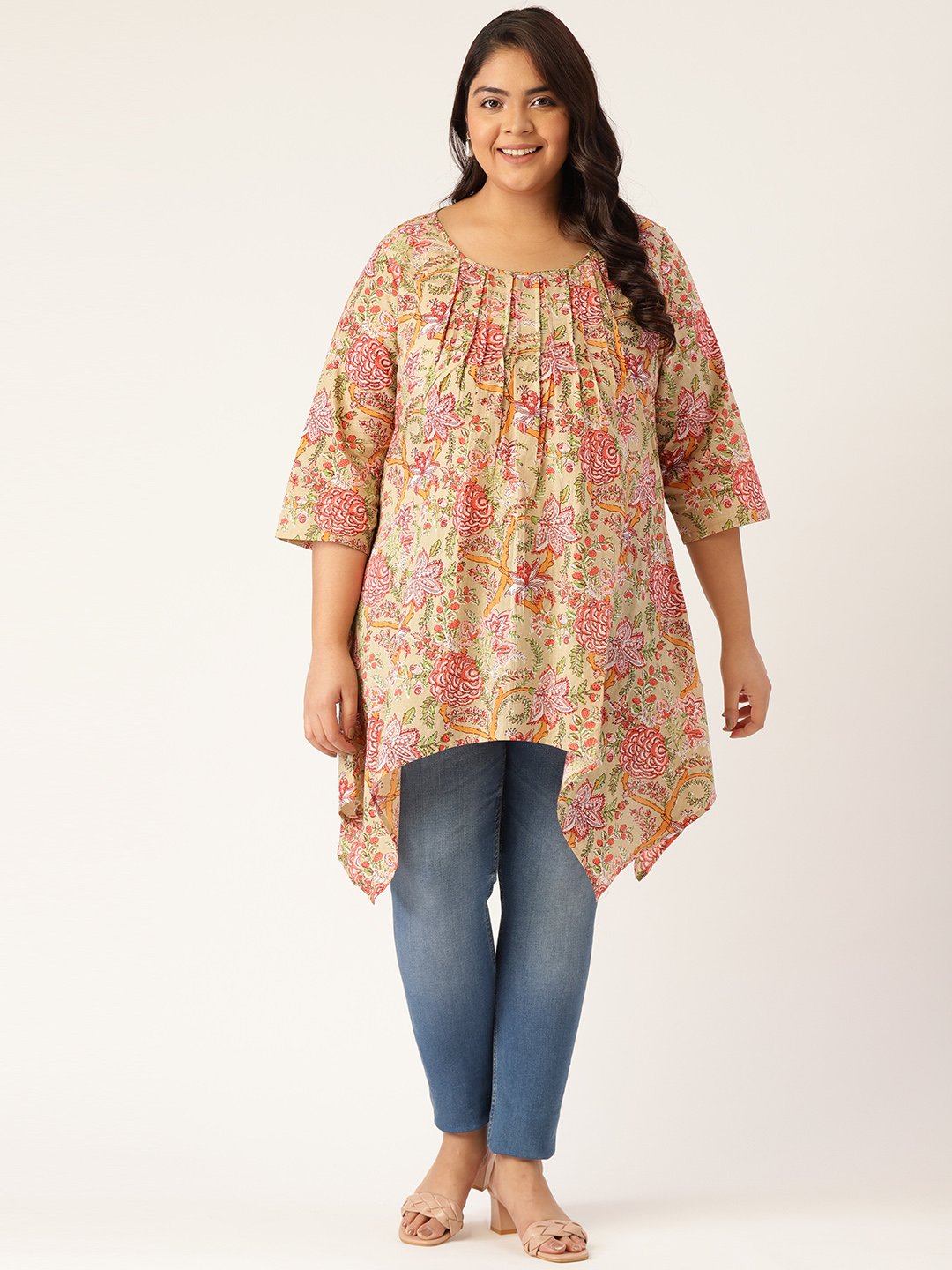Women's Plus SizeGreen Floral Printed Front Pleated Longline Top