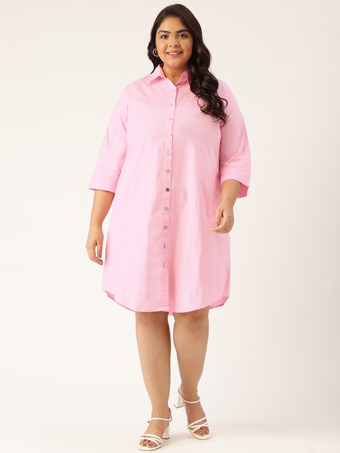 Women's Plus Size Pink Solid Color Cotton Shirt Dress