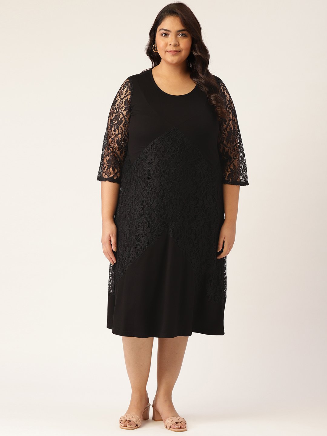Women's Plus SizeBlack Lace Solid Color A-Line Midi Dress