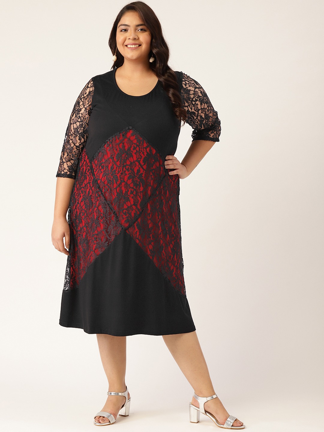 Women's Plus SizeRed & Black Lace Solid Color A-Line Midi Dress
