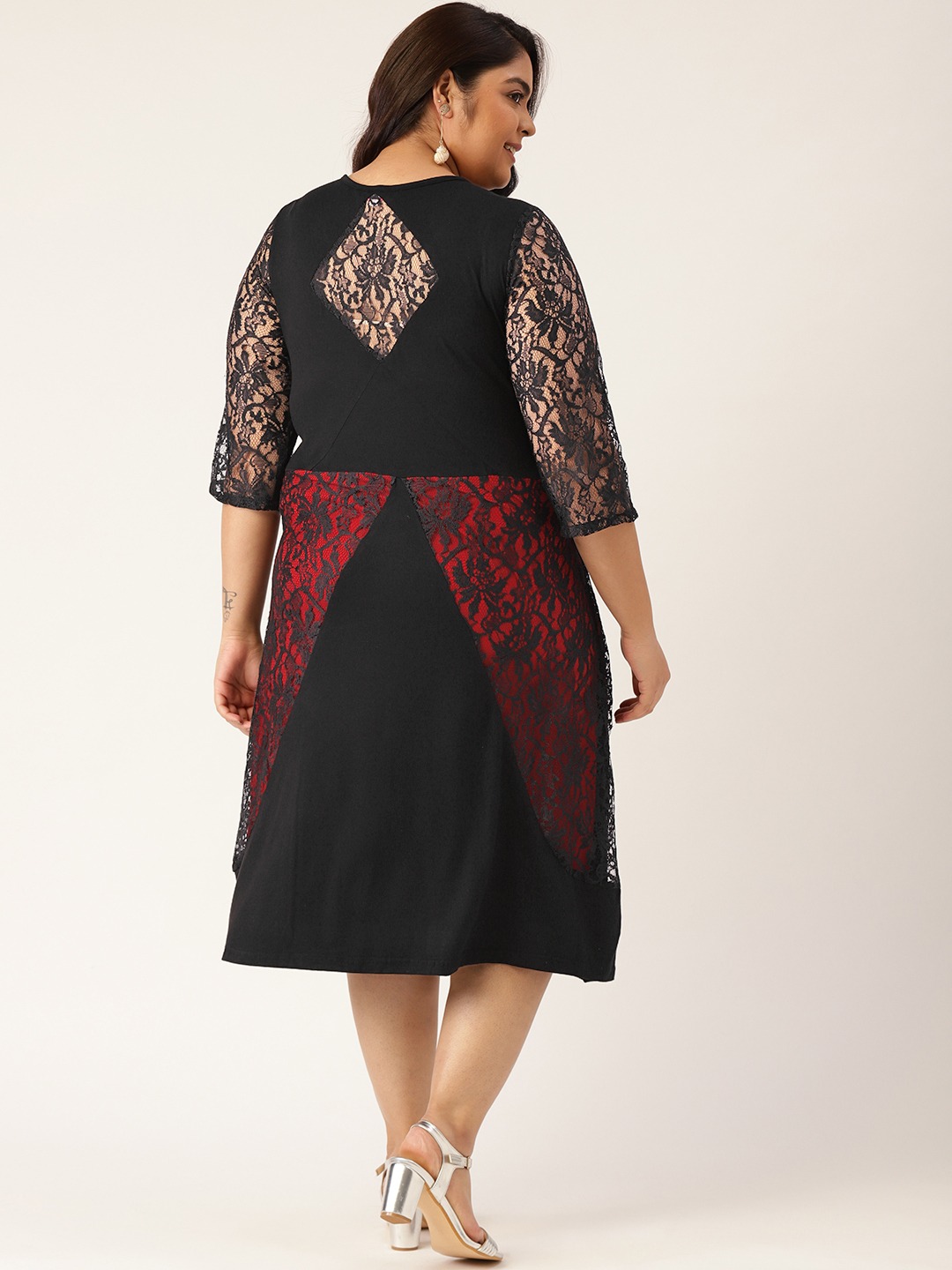 Women's Plus SizeRed & Black Lace Solid Color A-Line Midi Dress