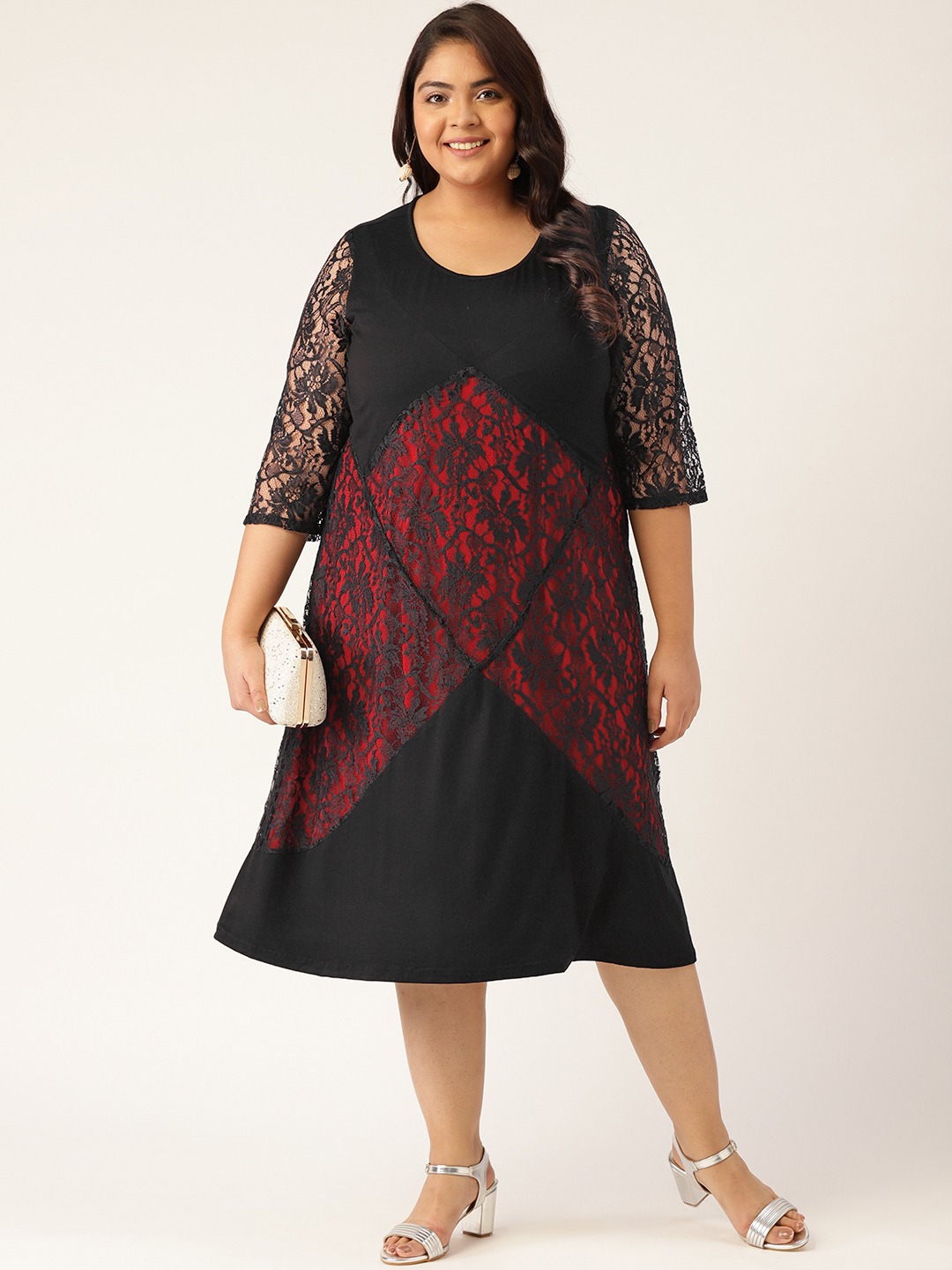 Women's Plus SizeRed & Black Lace Solid Color A-Line Midi Dress