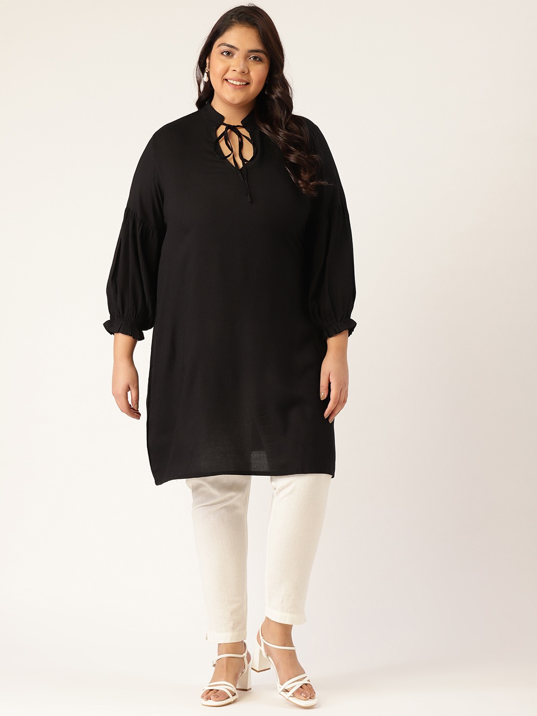 Women's Plus Size Black Solid Color Notch Neck Tunic