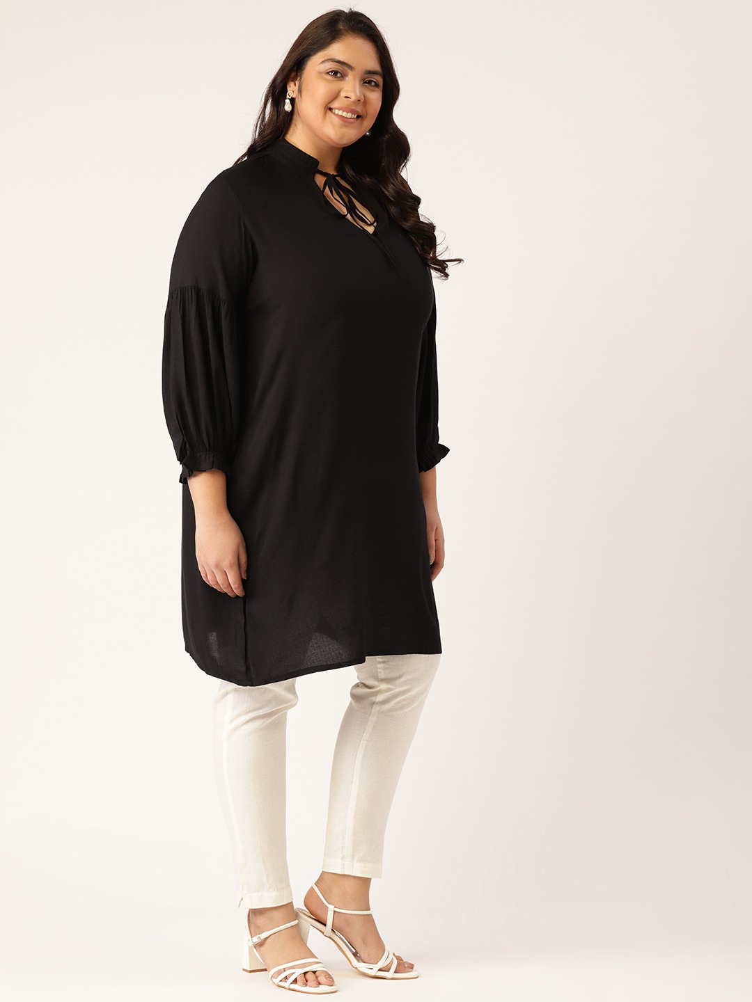 Women's Plus Size Black Solid Color Notch Neck Tunic