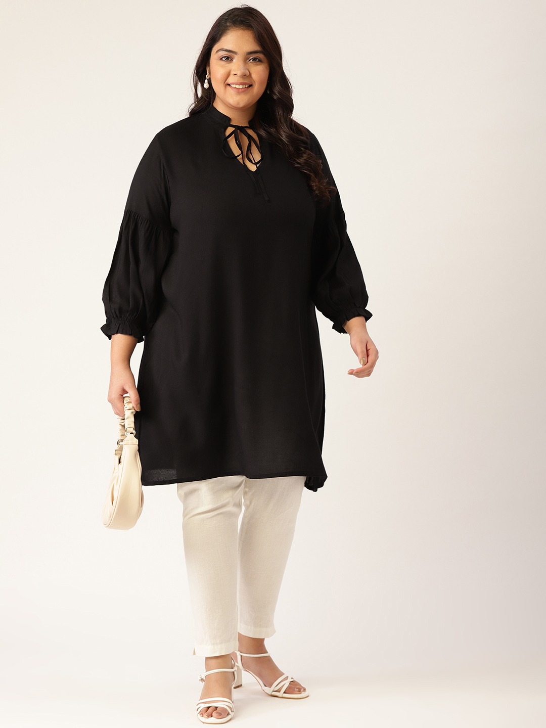 Women's Plus Size Black Solid Color Notch Neck Tunic
