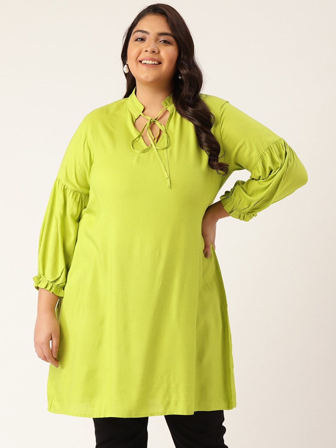 Women's Plus Size Green Solid Color Notch Neck Tunic