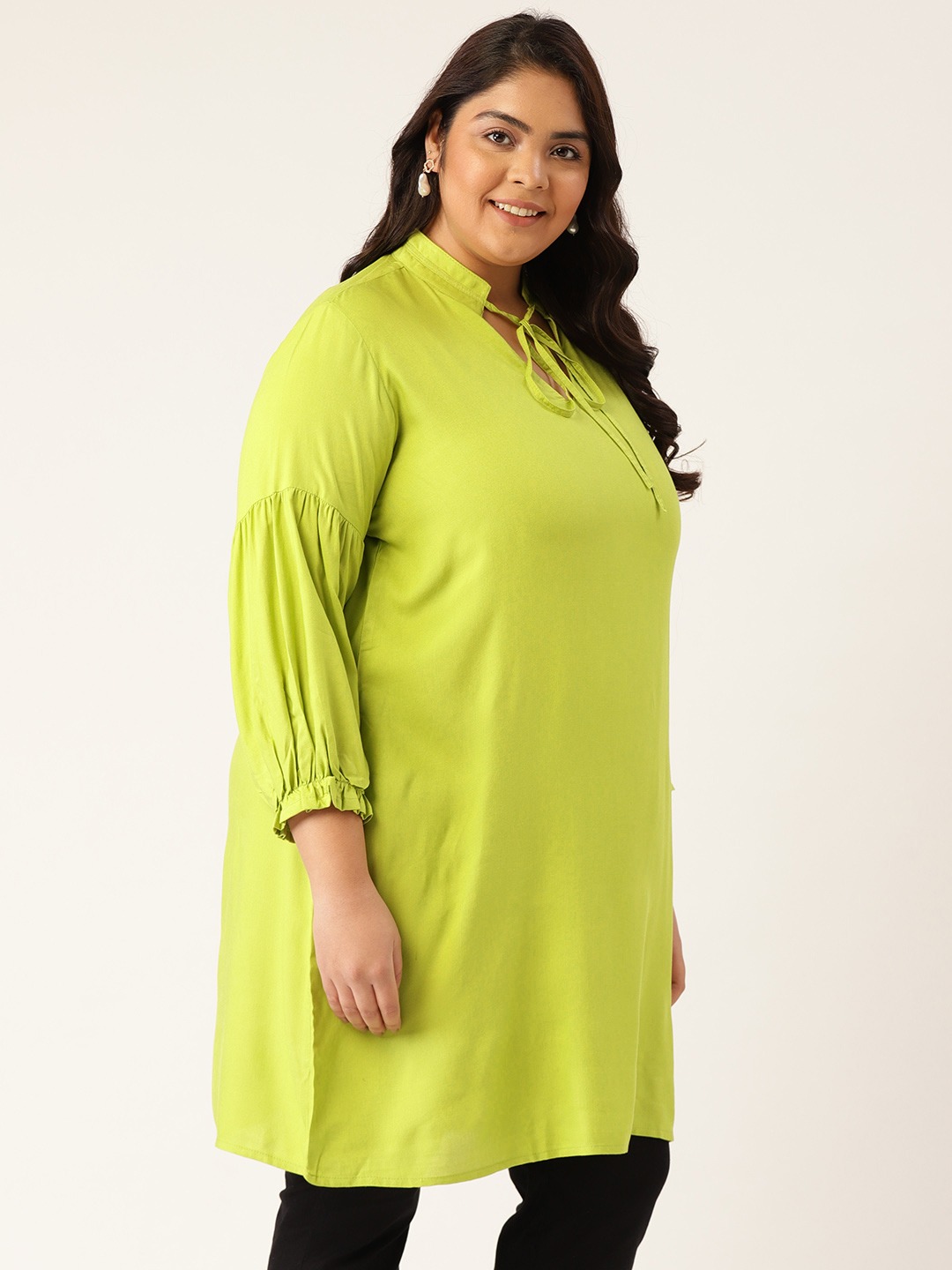 Women's Plus Size Green Solid Color Notch Neck Tunic