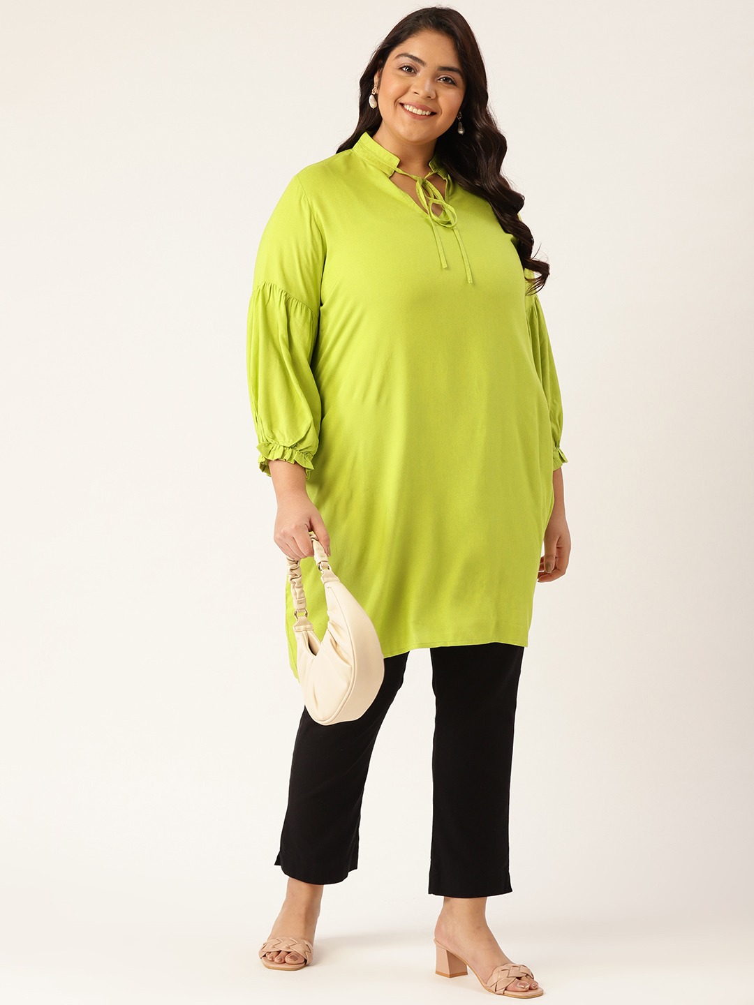 Women's Plus Size Green Solid Color Notch Neck Tunic