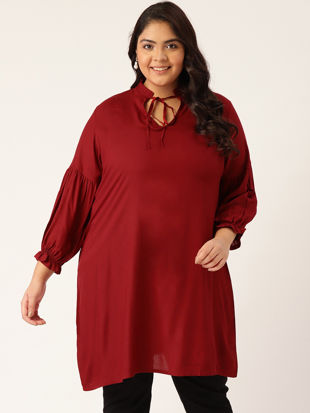 Women's Plus Size Maroon Solid Color Notch Neck Tunic