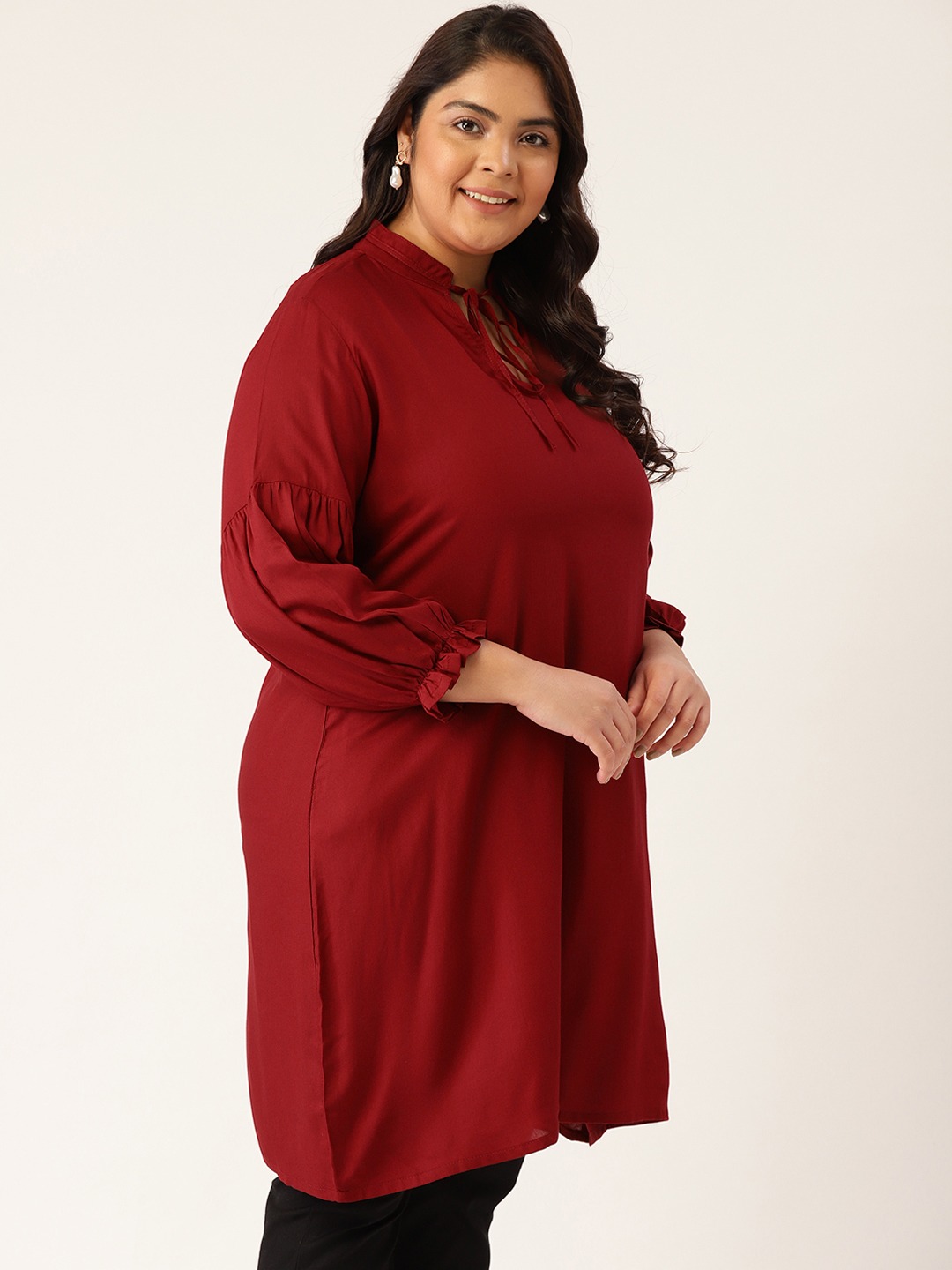 Women's Plus Size Maroon Solid Color Notch Neck Tunic