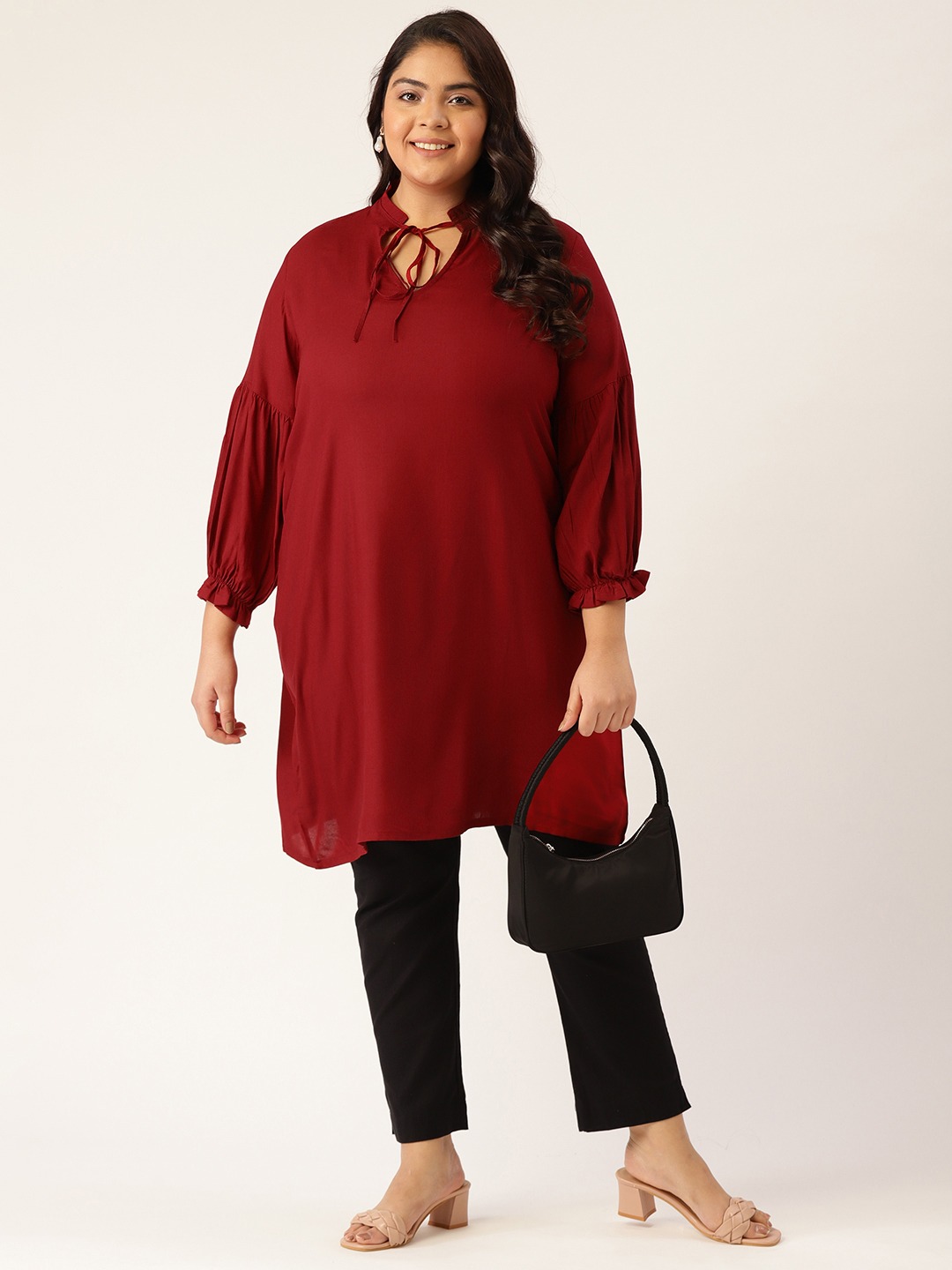 Women's Plus Size Maroon Solid Color Notch Neck Tunic