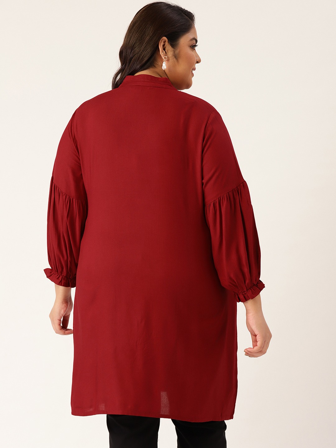 Women's Plus Size Maroon Solid Color Notch Neck Tunic