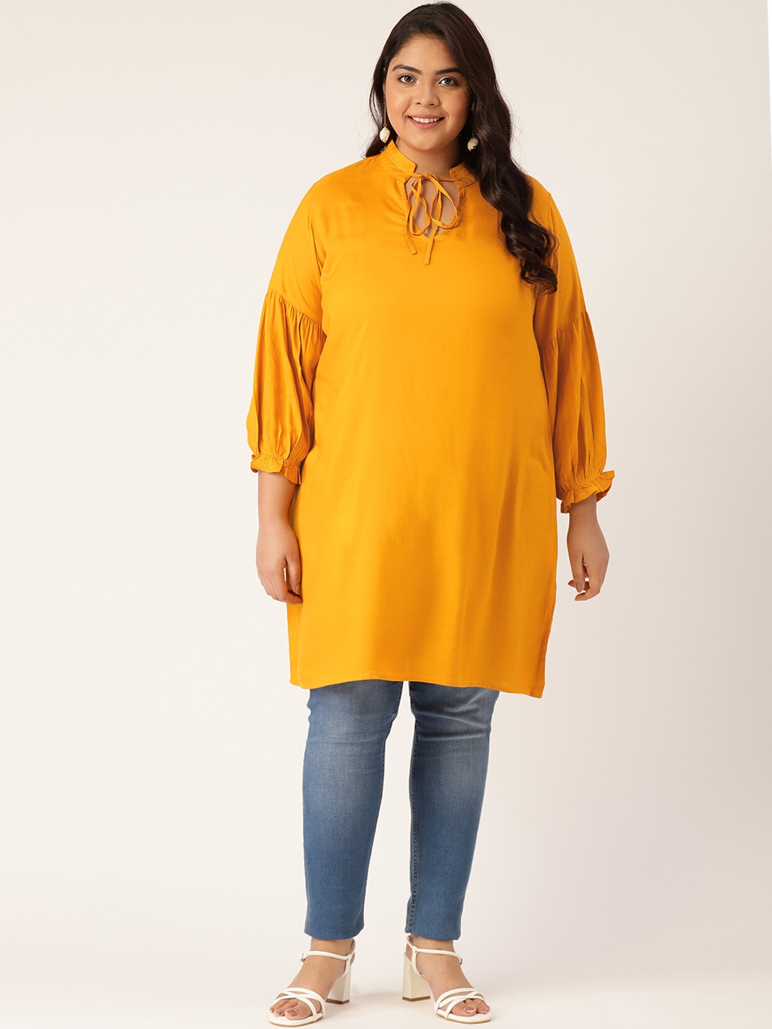 Women's Plus Size Mustard Solid Color Notch Neck Tunic