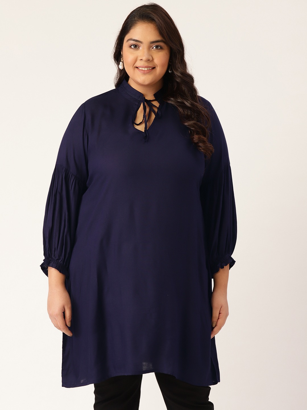 Women's Plus Size Navy Blue Solid Color Notch Neck Tunic