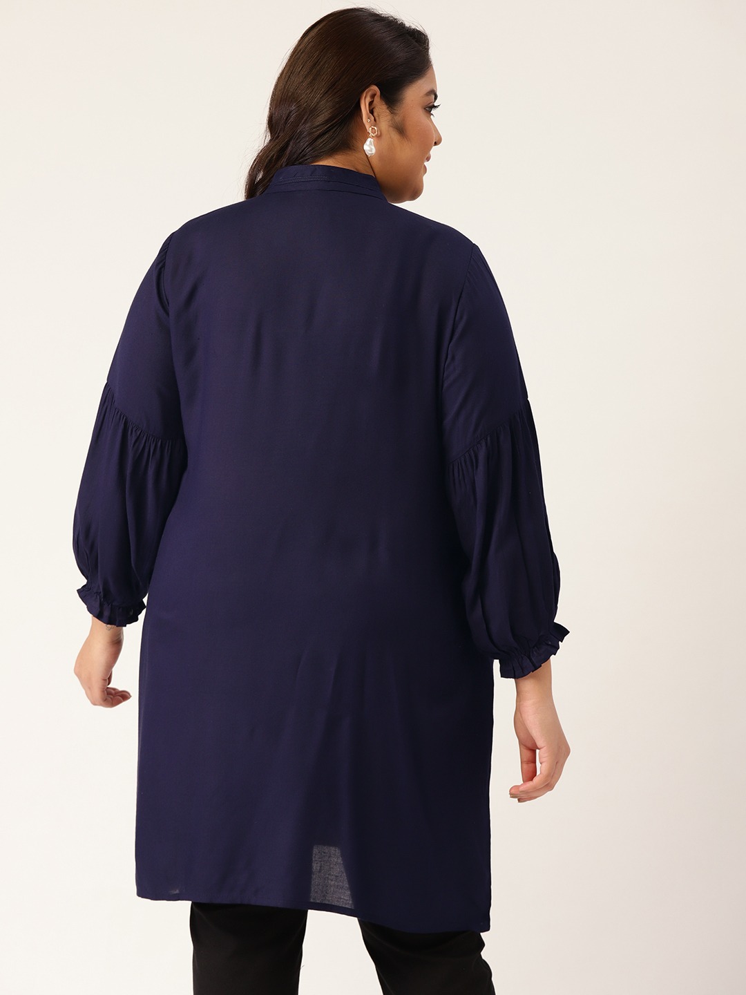Women's Plus Size Navy Blue Solid Color Notch Neck Tunic