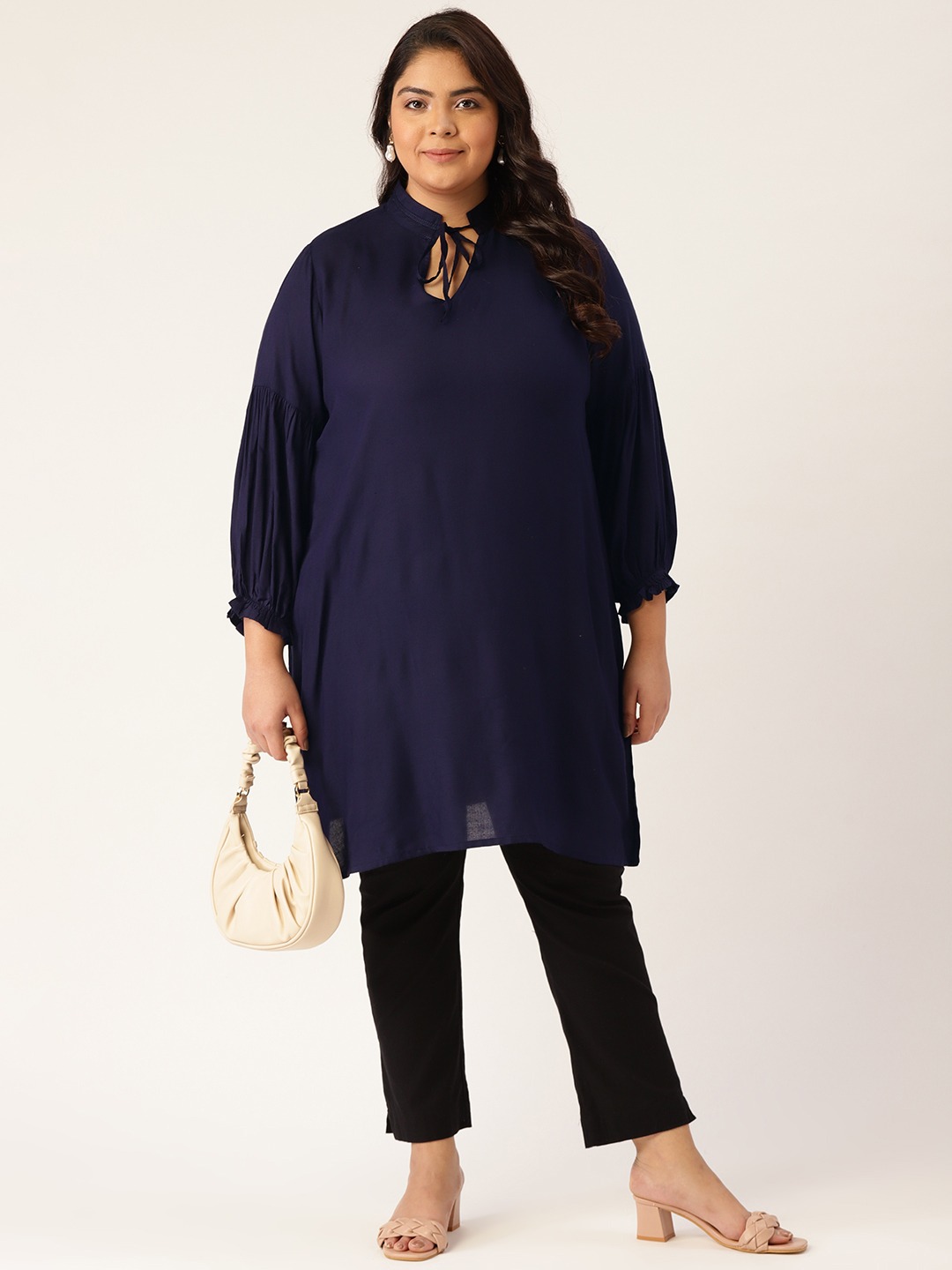 Women's Plus Size Navy Blue Solid Color Notch Neck Tunic