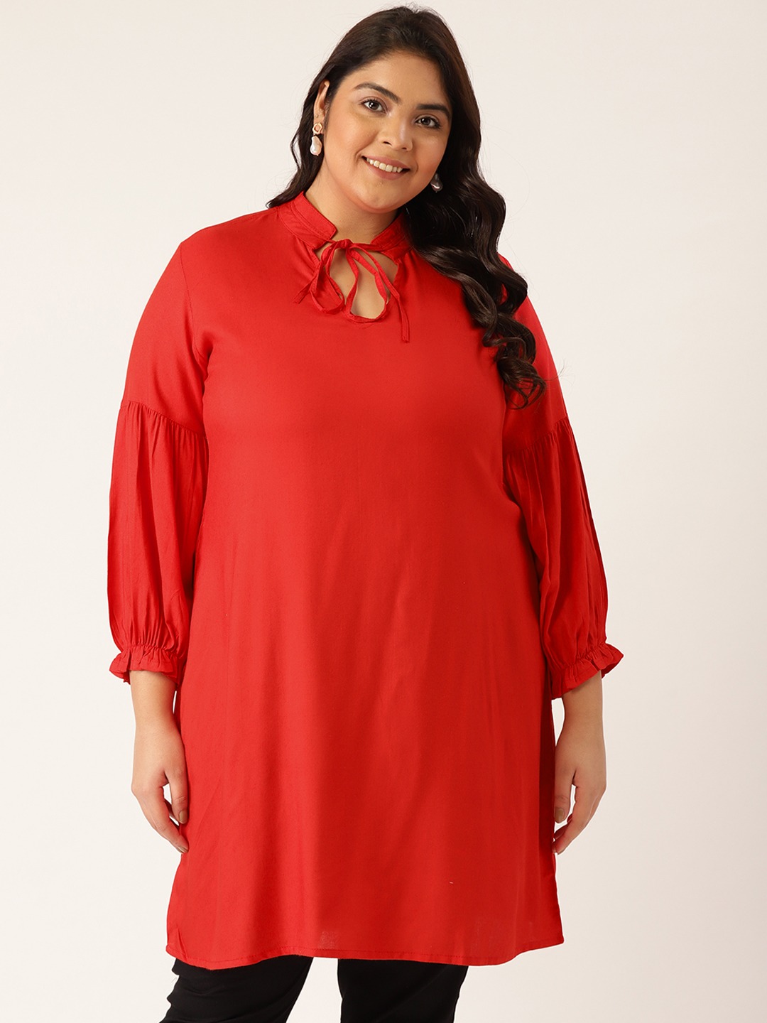 Women's Plus Size Red Solid Color Notch Neck Tunic