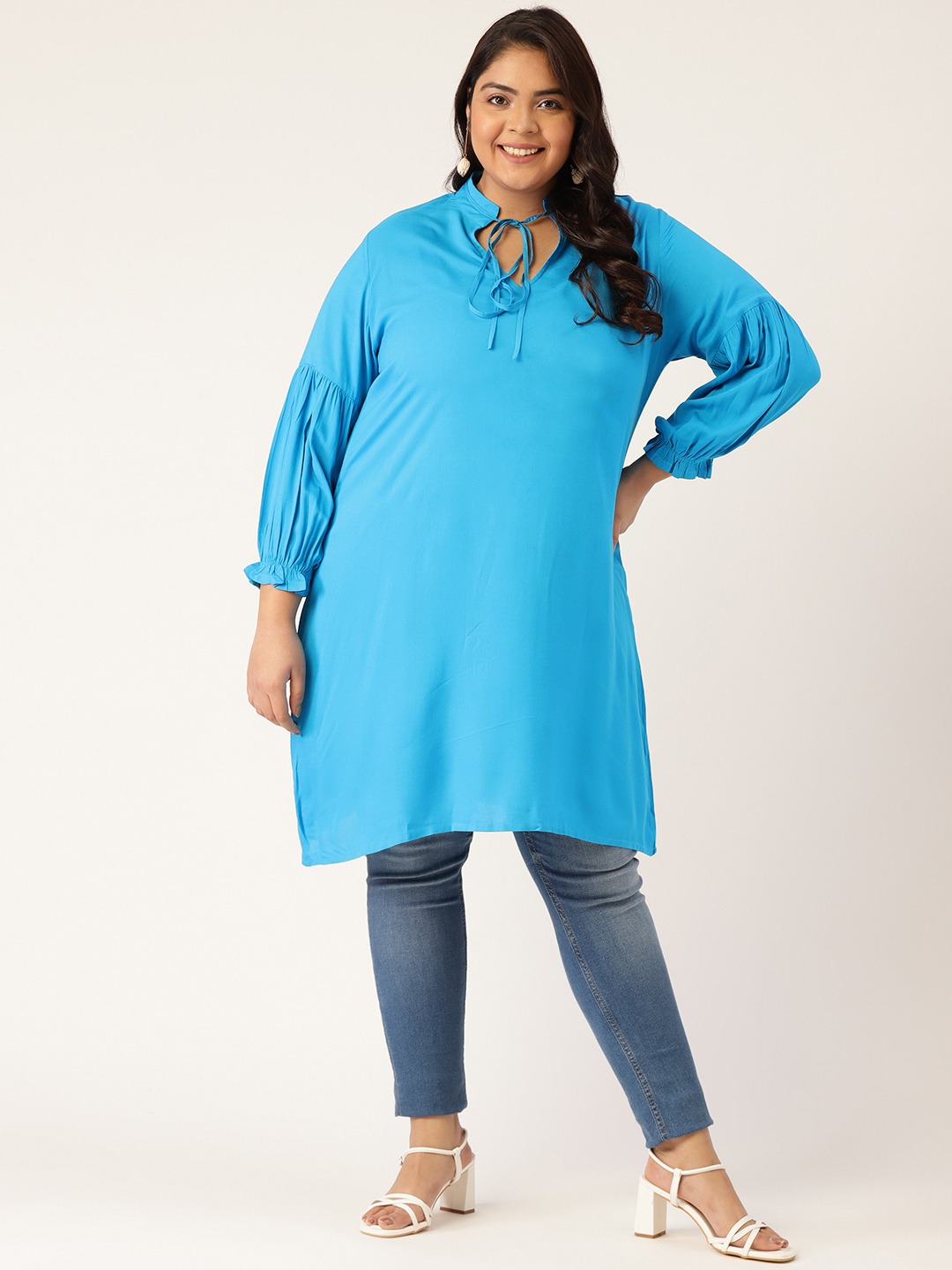 Women's Plus Size Teal Solid Color Notch Neck Tunic