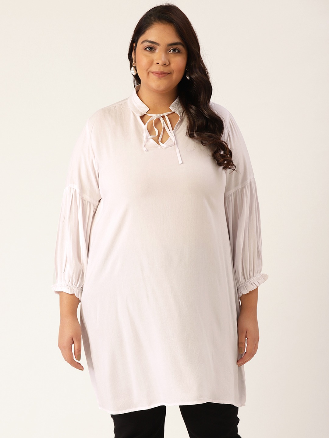 Women's Plus Size White Solid Color Notch Neck Tunic