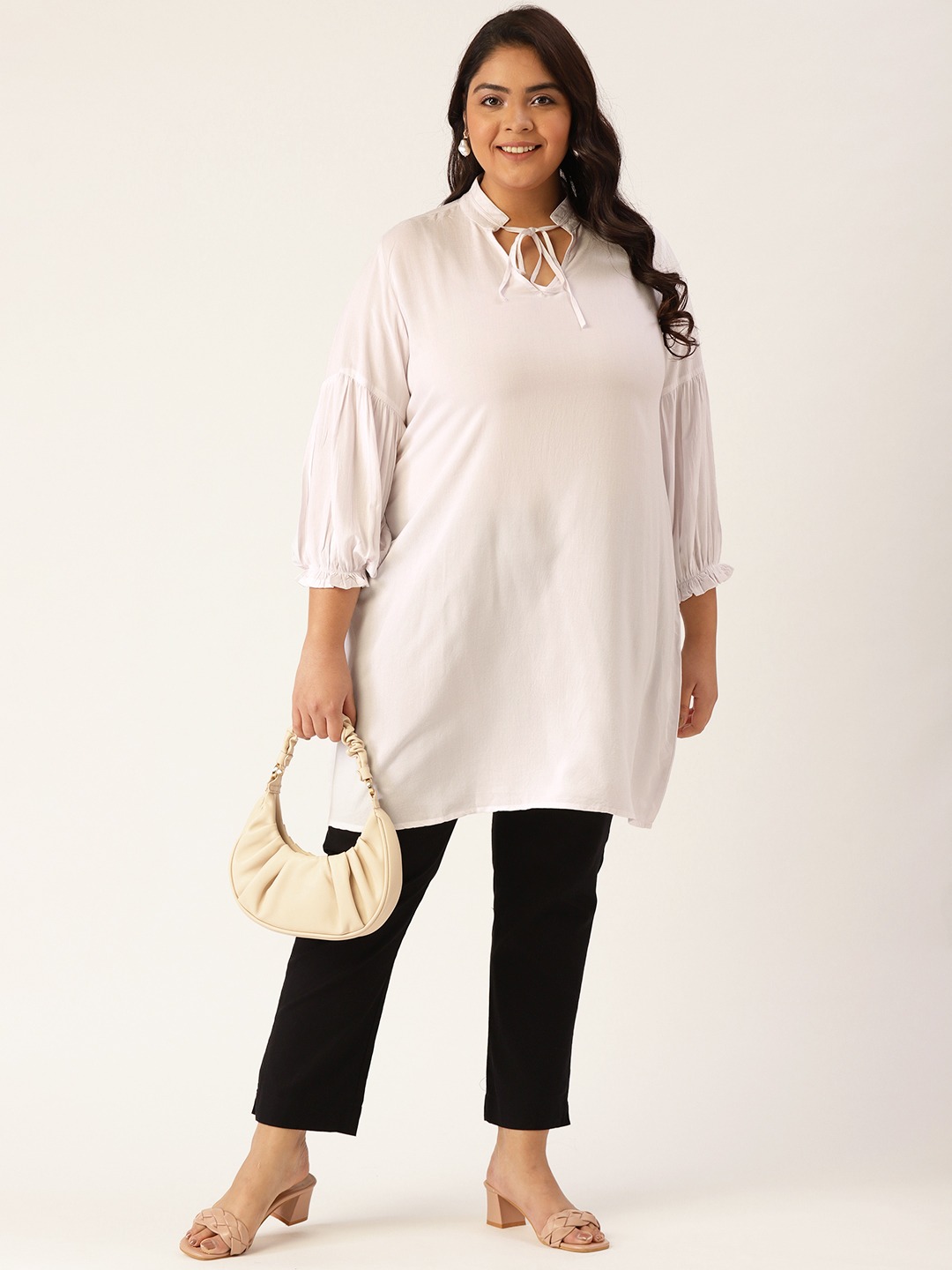 Women's Plus Size White Solid Color Notch Neck Tunic