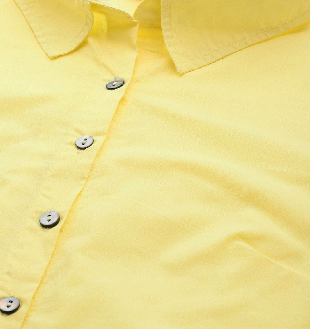 Women's Plus SizeLime Yellow Solid Color Pure Cotton Shirt Dress