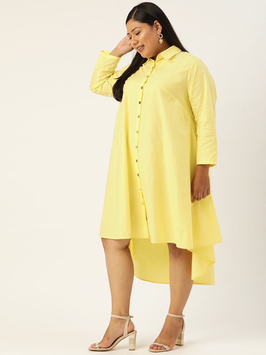Women's Plus SizeLime Yellow Solid Color Pure Cotton Shirt Dress