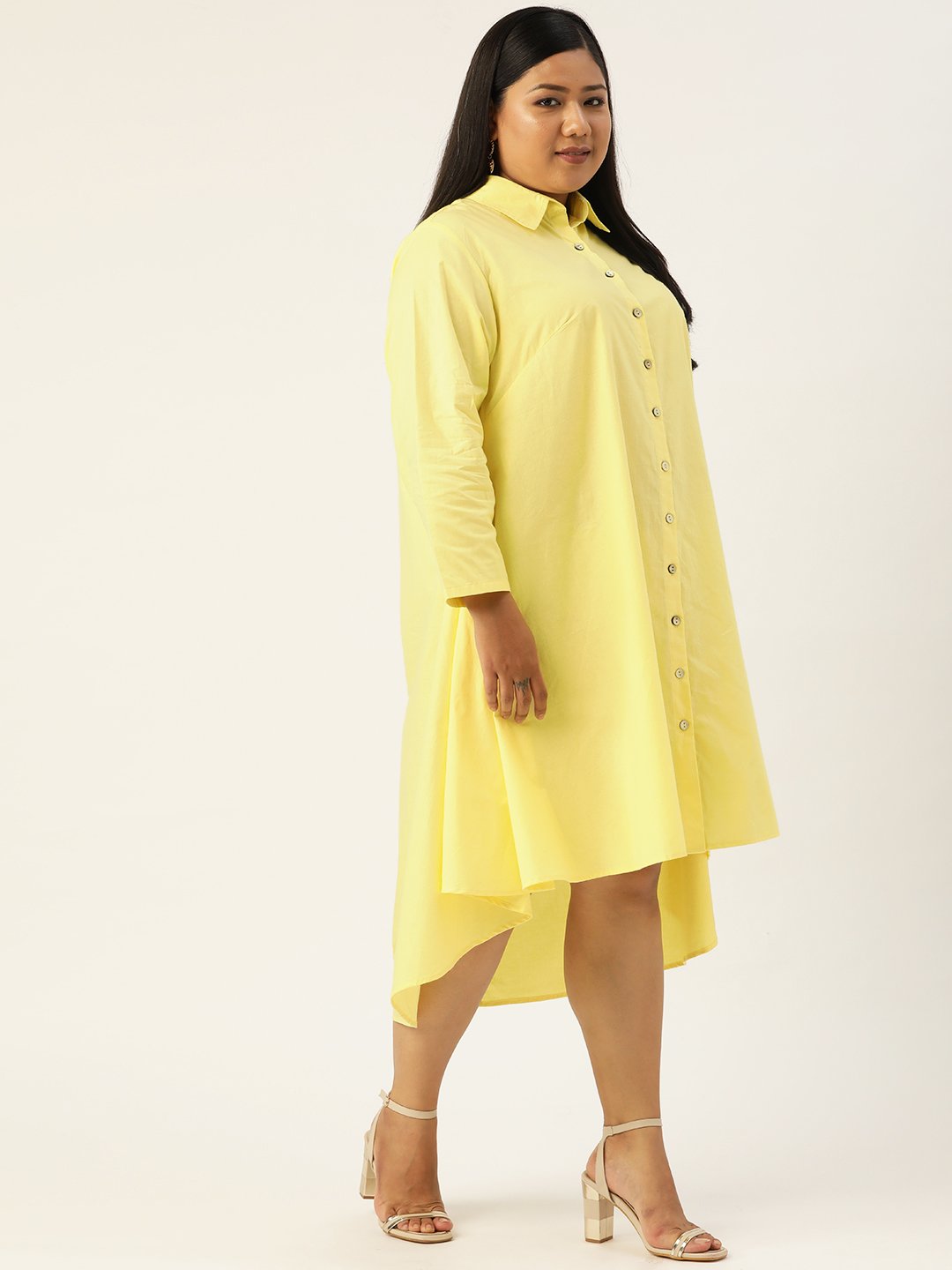 Women's Plus SizeLime Yellow Solid Color Pure Cotton Shirt Dress
