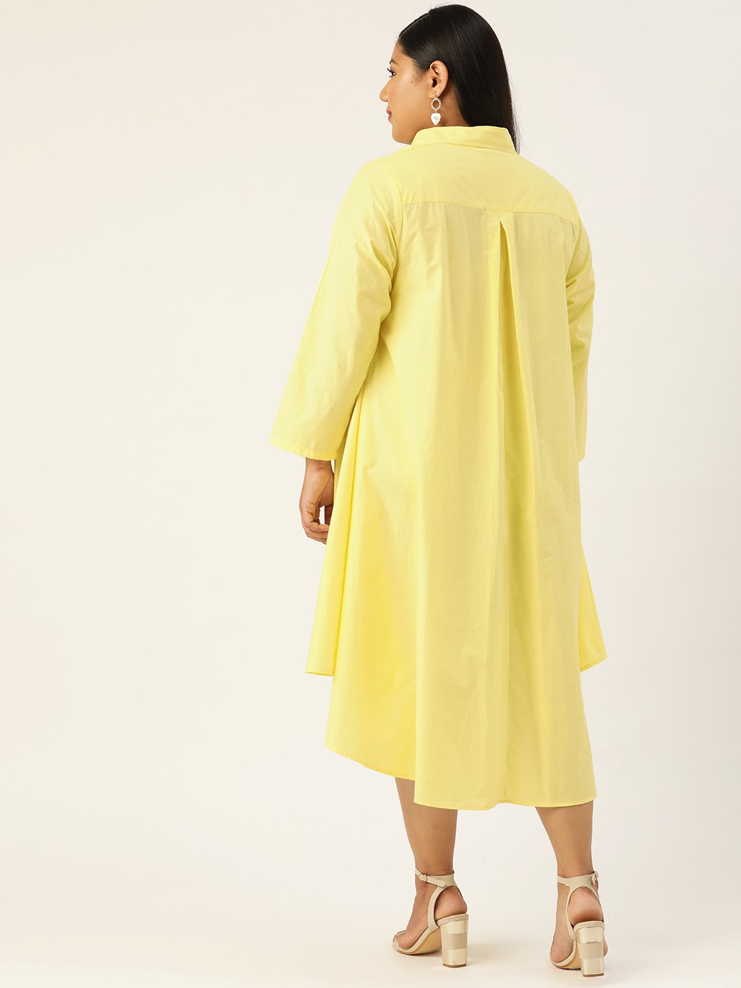 Women's Plus SizeLime Yellow Solid Color Pure Cotton Shirt Dress