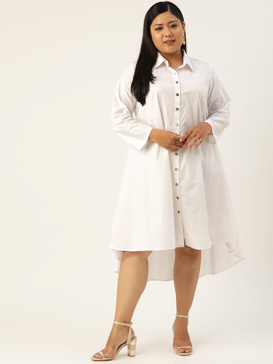 Women's Plus Size White Solid Color Pure Cotton Shirt Dress
