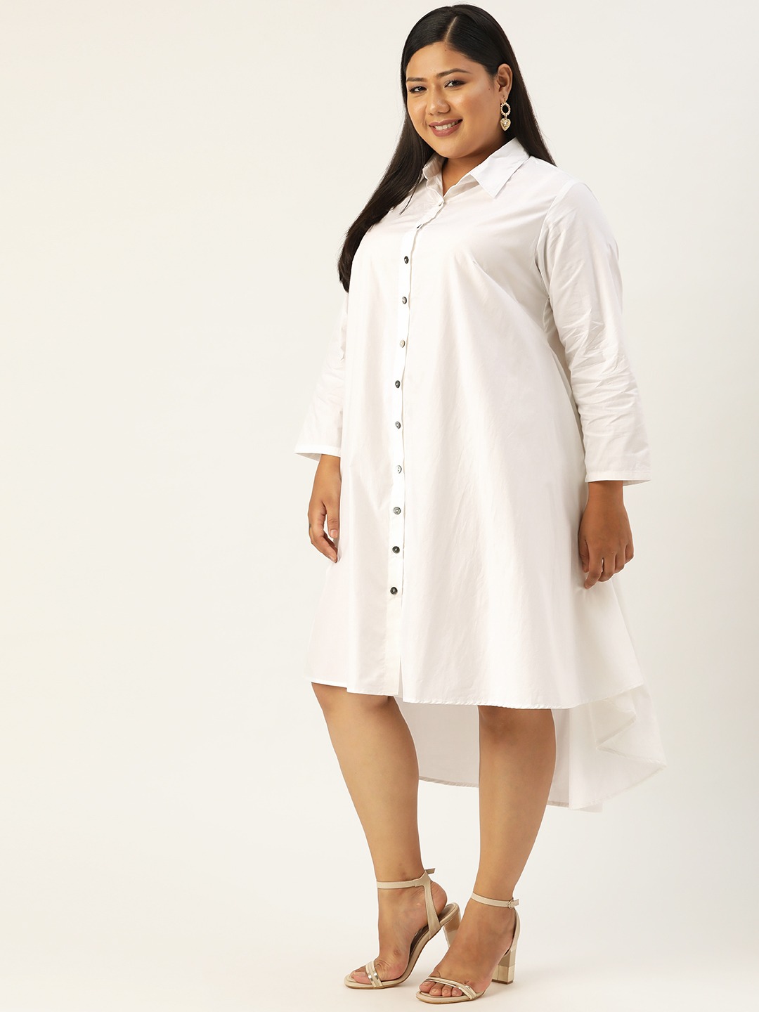 Women's Plus Size White Solid Color Pure Cotton Shirt Dress