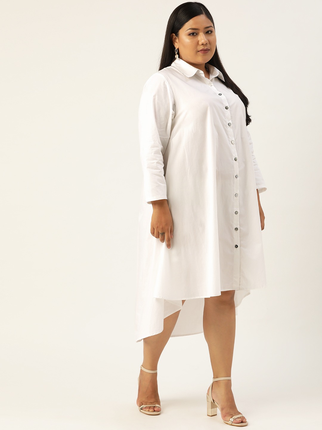 Women's Plus Size White Solid Color Pure Cotton Shirt Dress