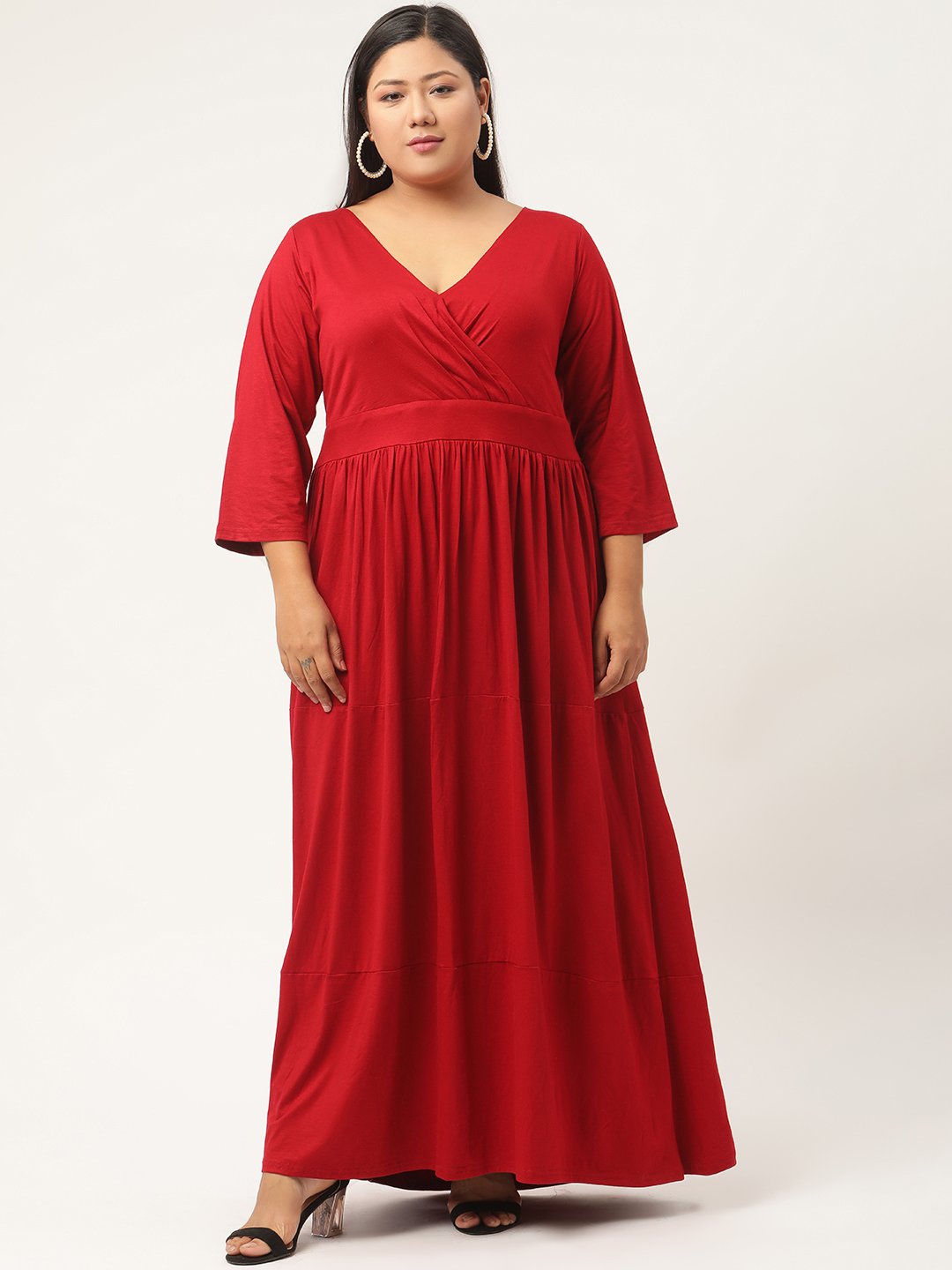 Women's Plus Size Maroon Solid Color Partywear Maxi Dress