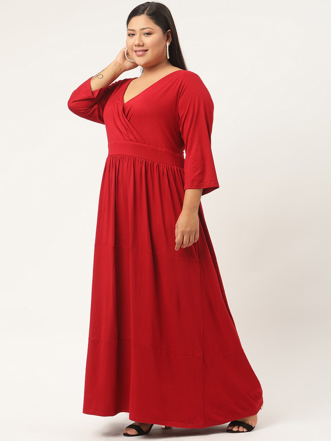 Women's Plus Size Maroon Solid Color Partywear Maxi Dress