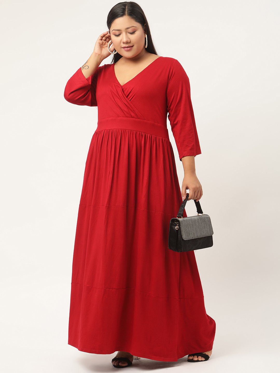 Women's Plus Size Maroon Solid Color Partywear Maxi Dress