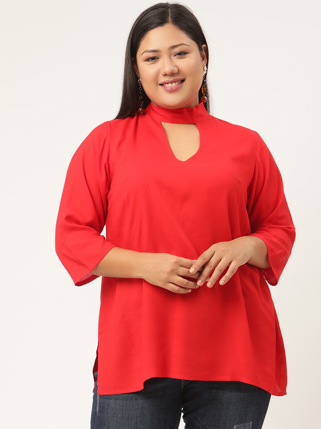 Women's Plus Size Red Solid Color Key Hole Neck Top