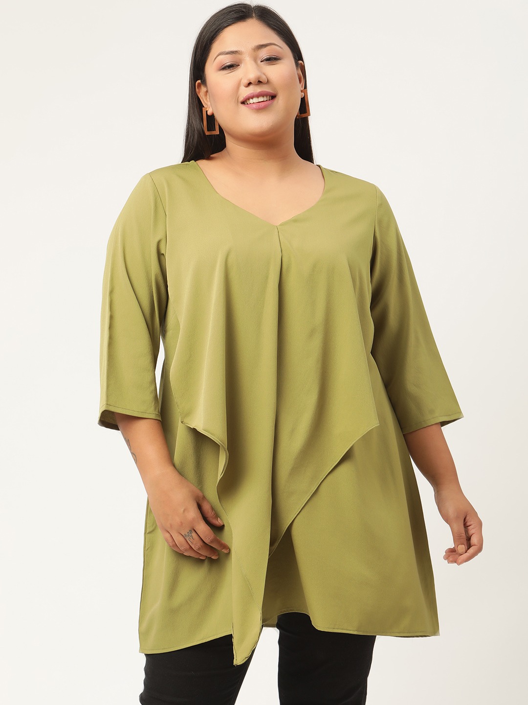 Women's Plus Size Olive Green Solid Color Ruffles Regular Top