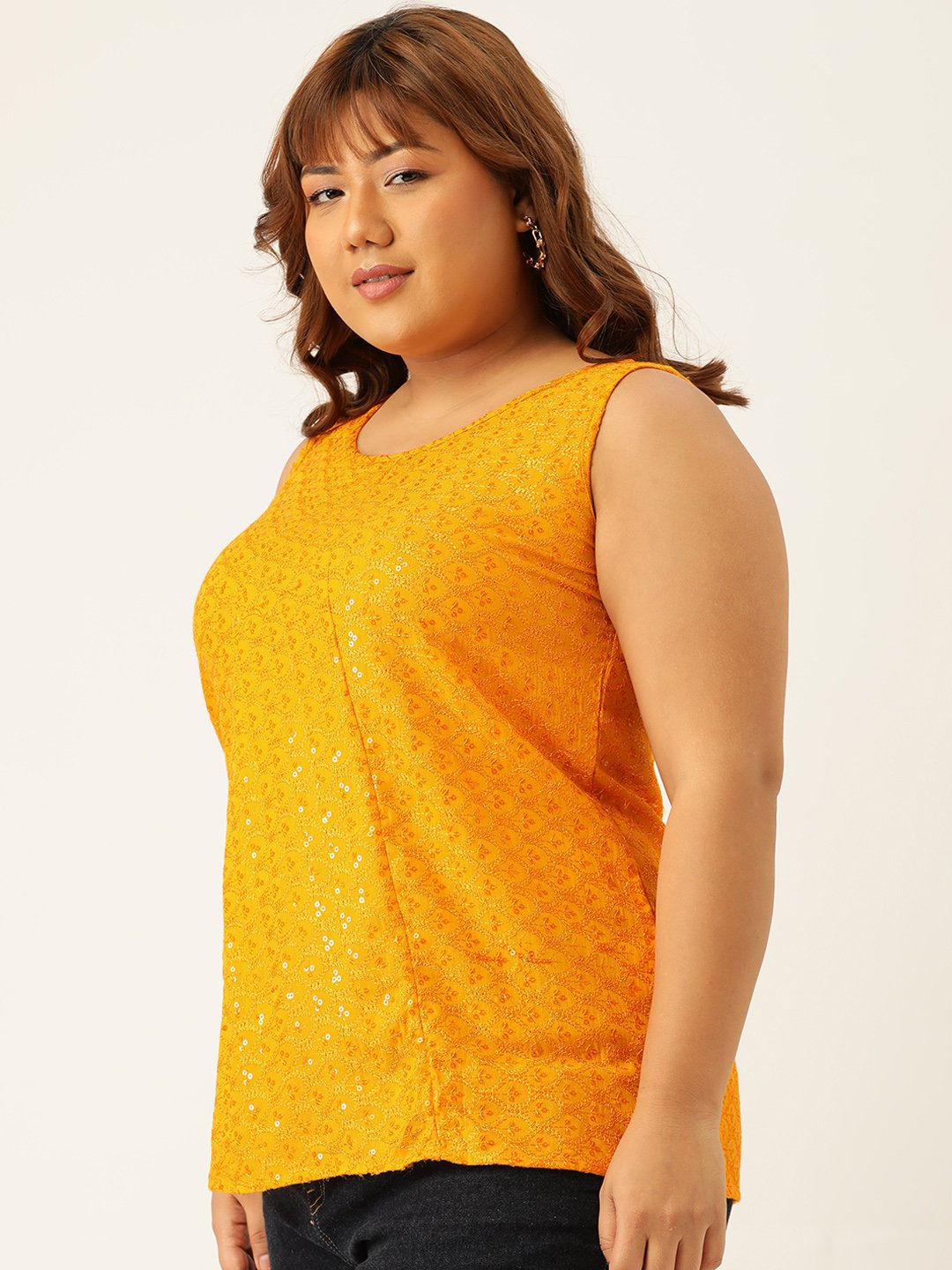 Women's Plus Size Mustard Solid Color Embellished Top