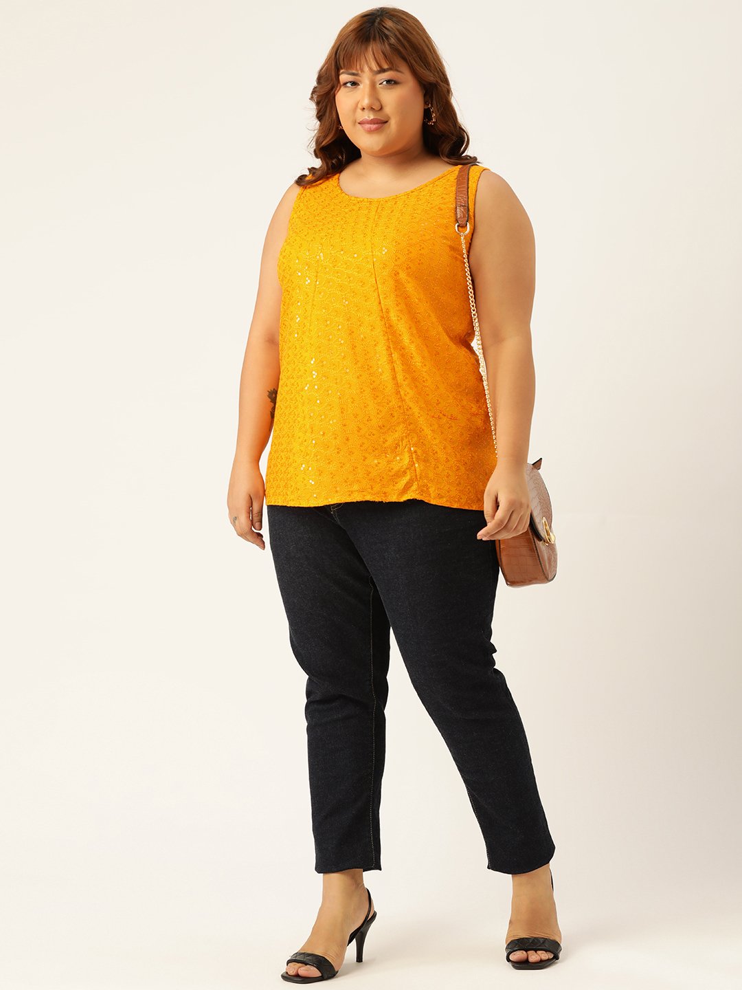 Women's Plus Size Mustard Solid Color Embellished Top