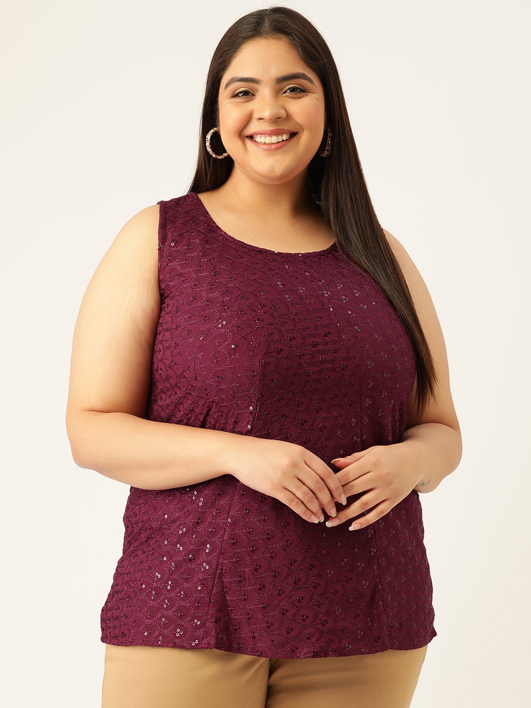 Women's Plus Size Purple Solid Color Embellished Top
