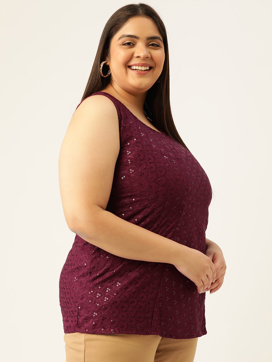 Women's Plus Size Purple Solid Color Embellished Top