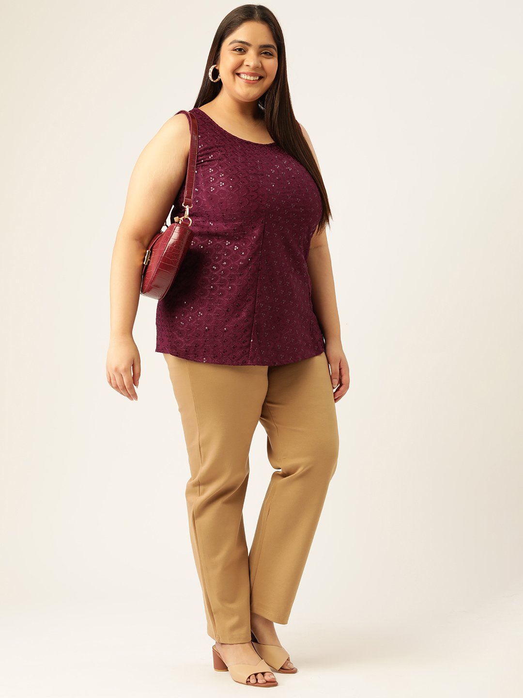 Women's Plus Size Purple Solid Color Embellished Top
