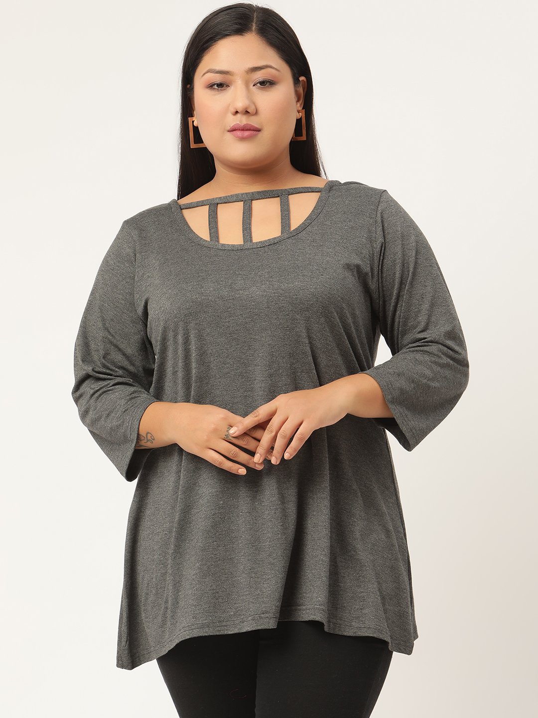 Women's Plus Size Charcoal Grey Solid Color Knitted Regular Top