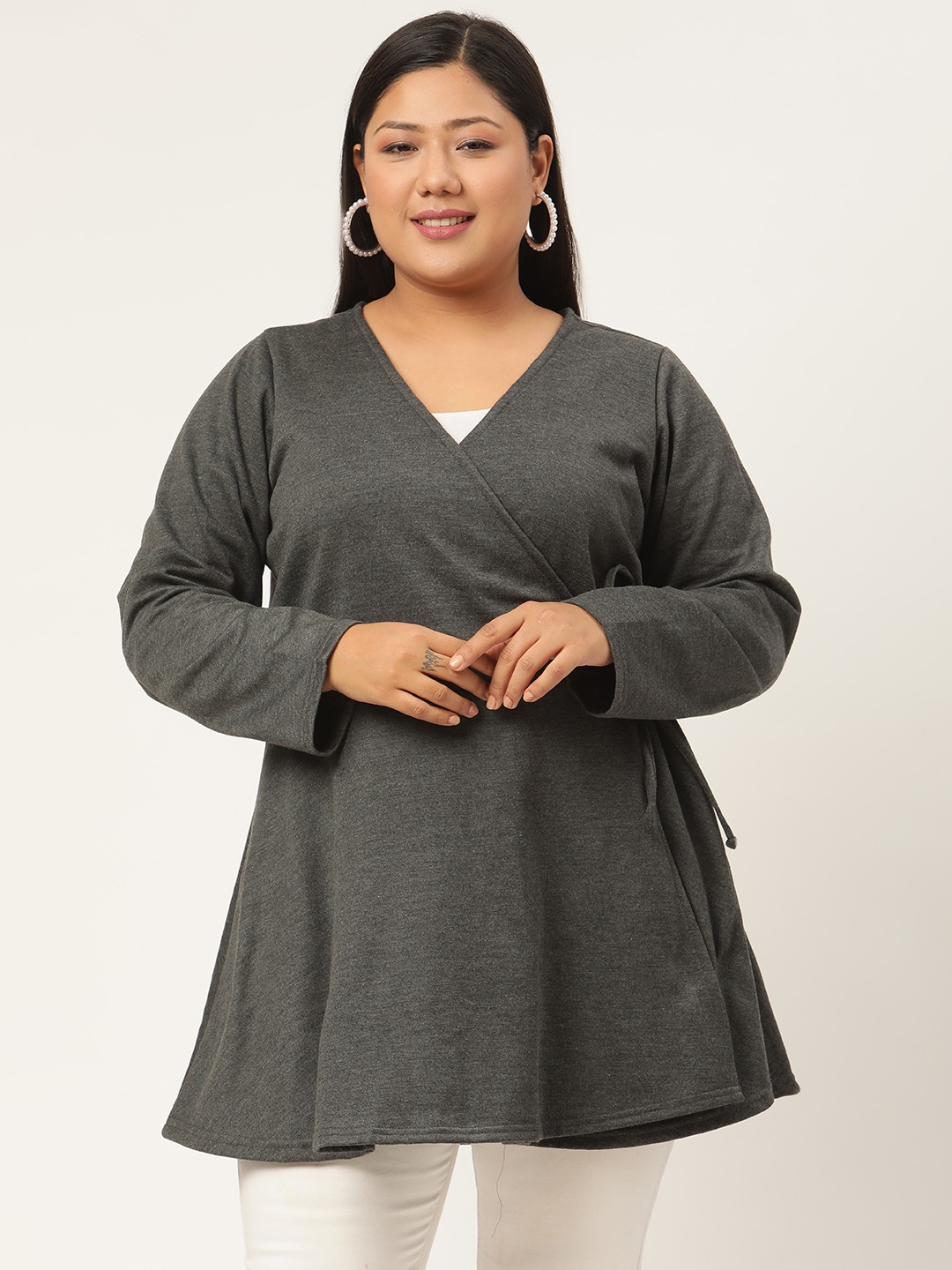 Women's Plus SizeCharcoal Grey Solid Color Tie-Up Longline Winter Top