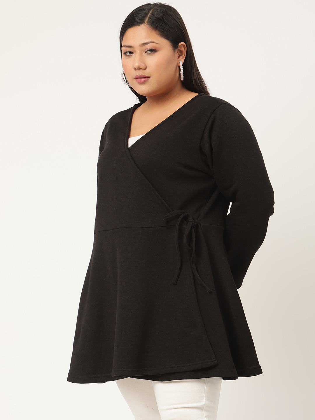 Women's Plus SizeBlack Solid Color Tie-Up Longline Winter Top
