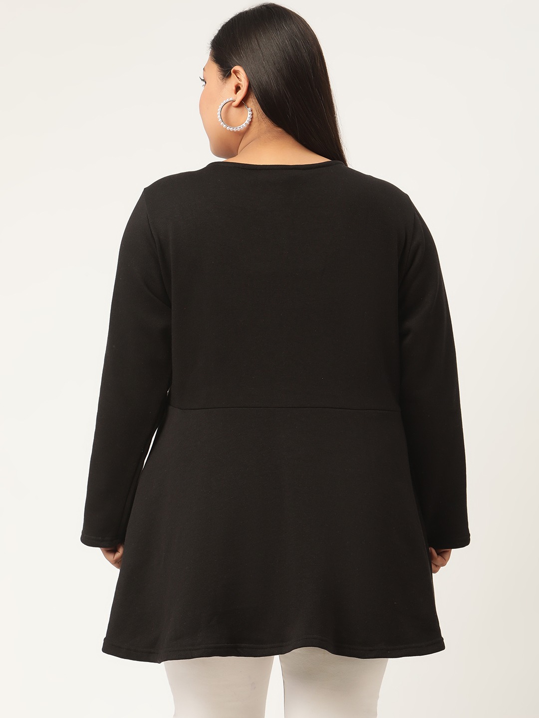 Women's Plus SizeBlack Solid Color Tie-Up Longline Winter Top